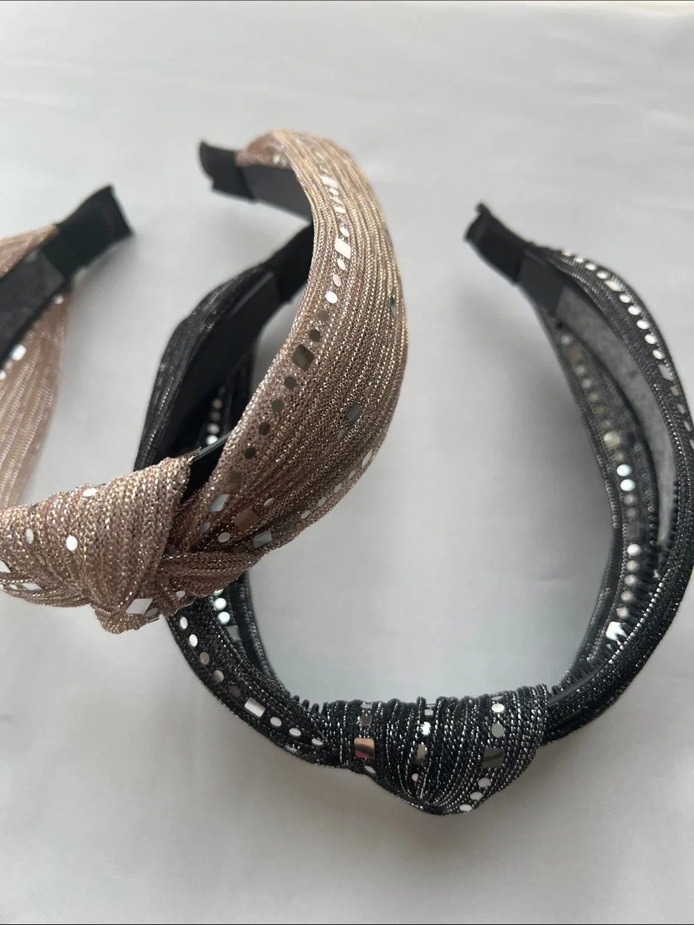 Shimmering Sequin and Bead Accent  Knotted Headband - Black and Tan set of 2